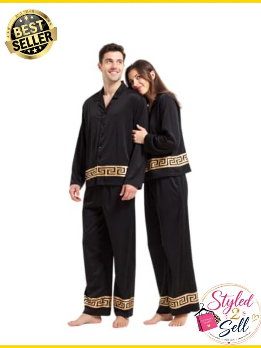 Mens Satin Pajama Set Button-Down Sleepwear with Pockets